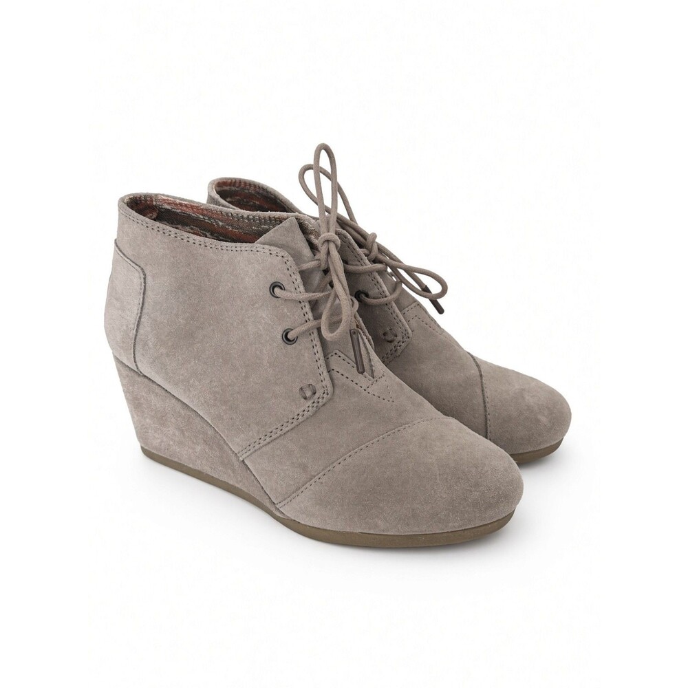 TOMS Desert Lace-up Suede Bootie Ankle Boot Wedge Womens 7.5 Taupe Greige EUC